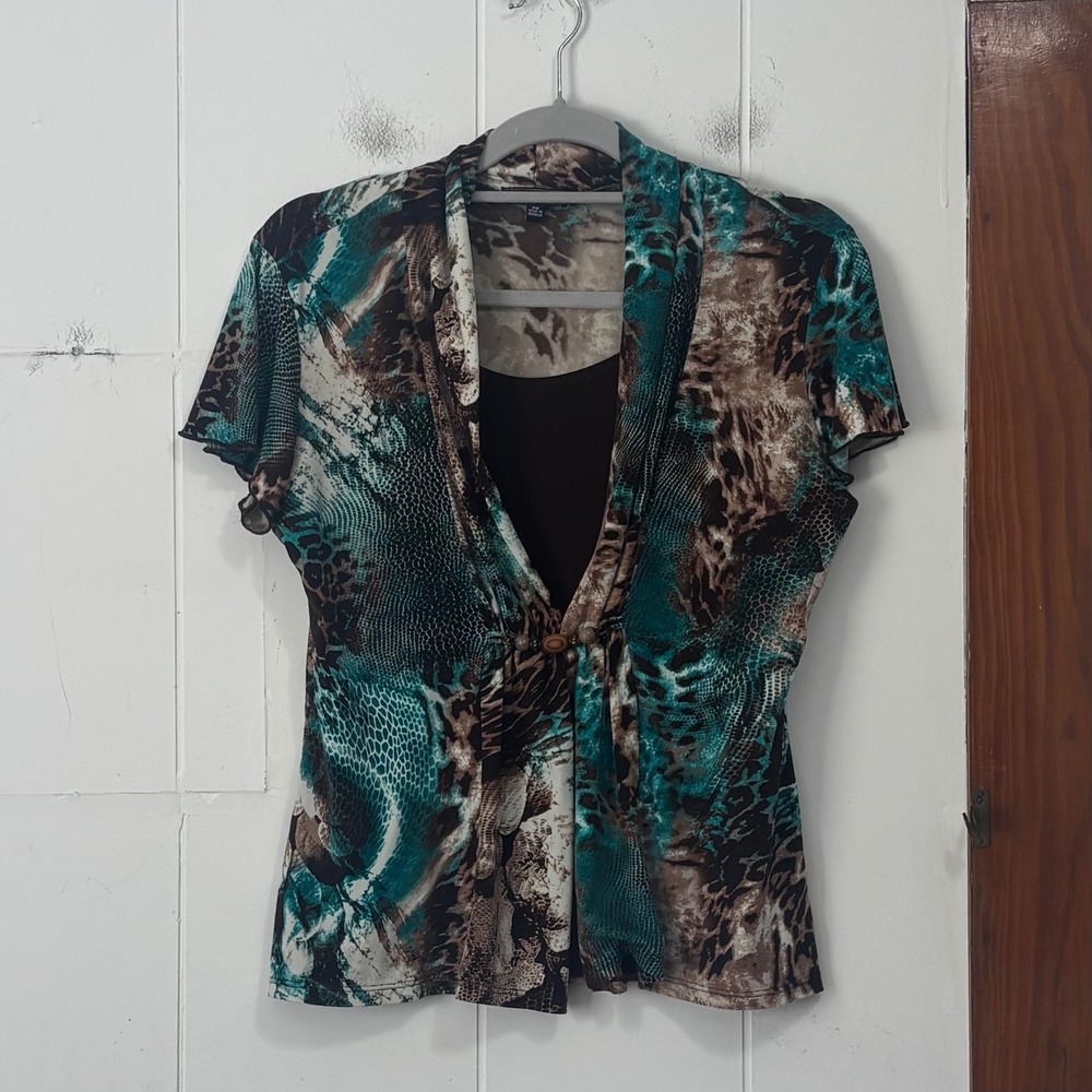 Elementz Petite Medium Teal Brown Animal Snakeskin Print Beaded Layered Top